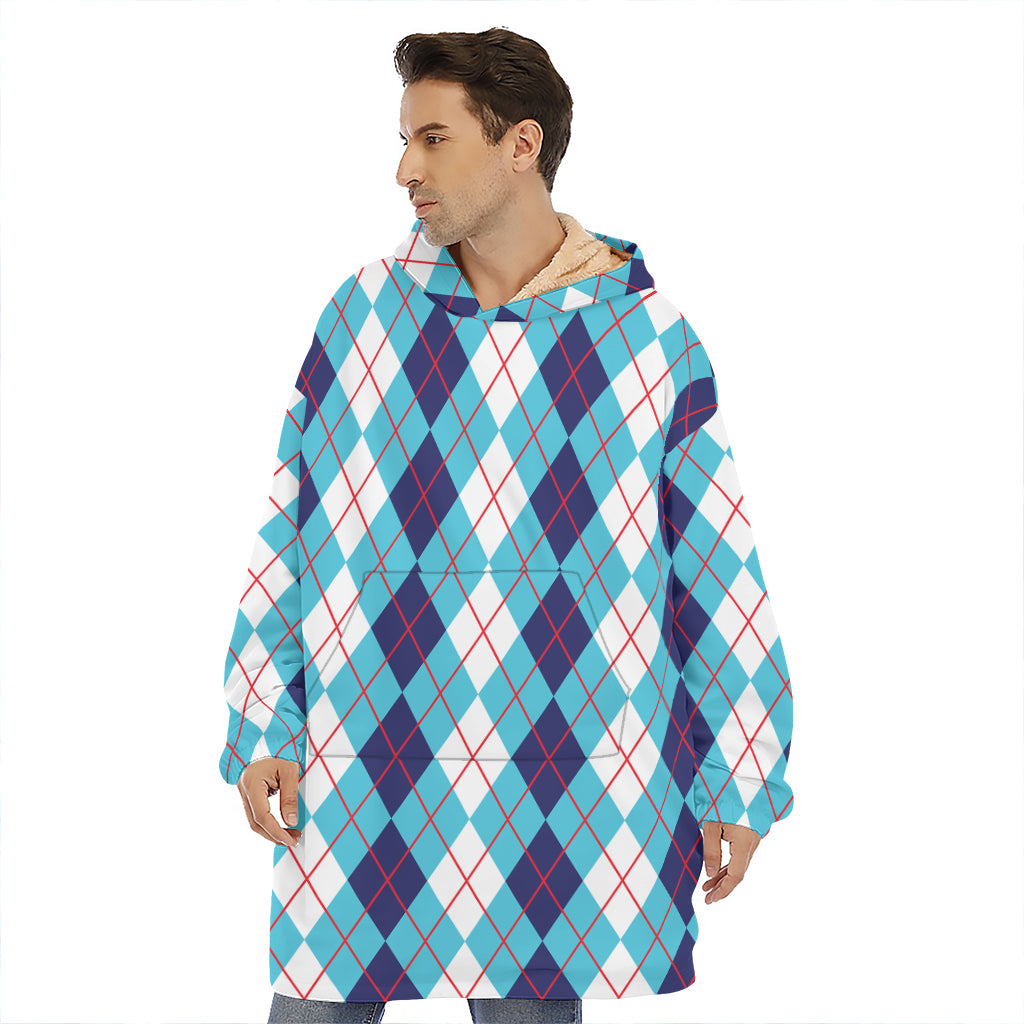 White And Blue Argyle Pattern Print Hoodie Blanket