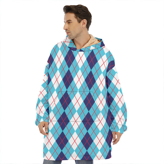 White And Blue Argyle Pattern Print Hoodie Blanket