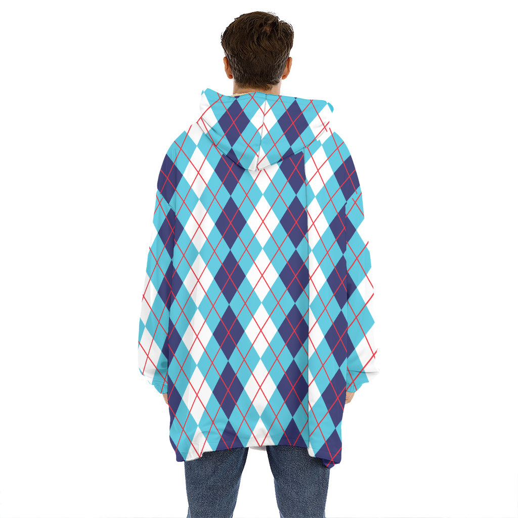White And Blue Argyle Pattern Print Hoodie Blanket