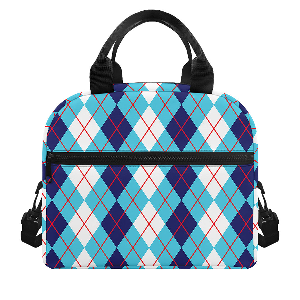 White And Blue Argyle Pattern Print Insulated Lunch Bag