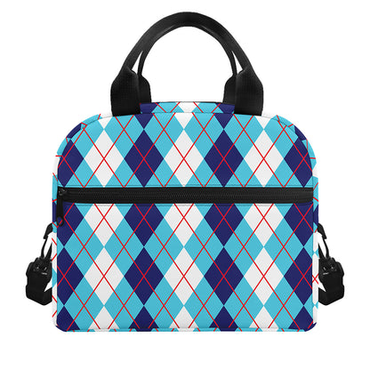 White And Blue Argyle Pattern Print Insulated Lunch Bag