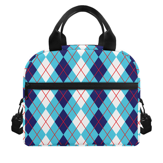 White And Blue Argyle Pattern Print Insulated Lunch Bag