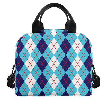White And Blue Argyle Pattern Print Insulated Lunch Bag