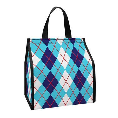 White And Blue Argyle Pattern Print Insulated Lunch Tote