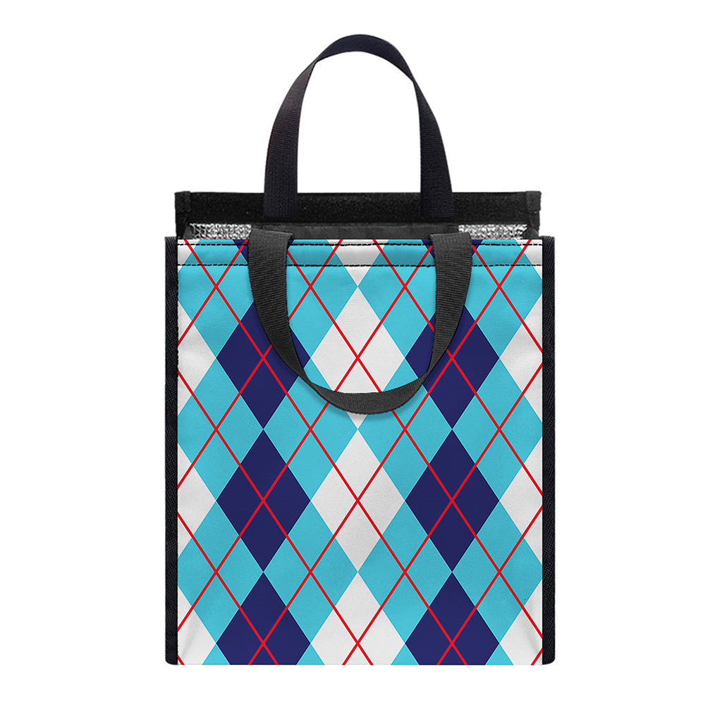White And Blue Argyle Pattern Print Insulated Lunch Tote