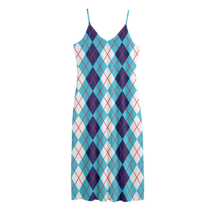 White And Blue Argyle Pattern Print Jersey Midi Cami Dress