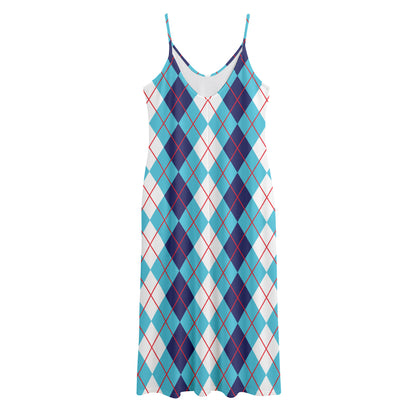 White And Blue Argyle Pattern Print Jersey Midi Cami Dress