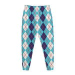 White And Blue Argyle Pattern Print Jogger Pants