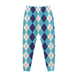 White And Blue Argyle Pattern Print Jogger Pants
