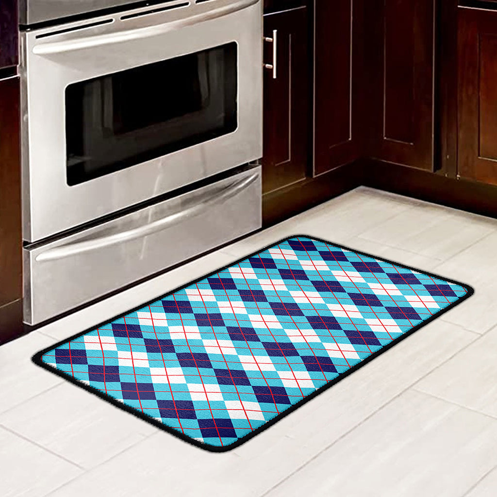 White And Blue Argyle Pattern Print Kitchen Mat