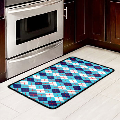 White And Blue Argyle Pattern Print Kitchen Mat