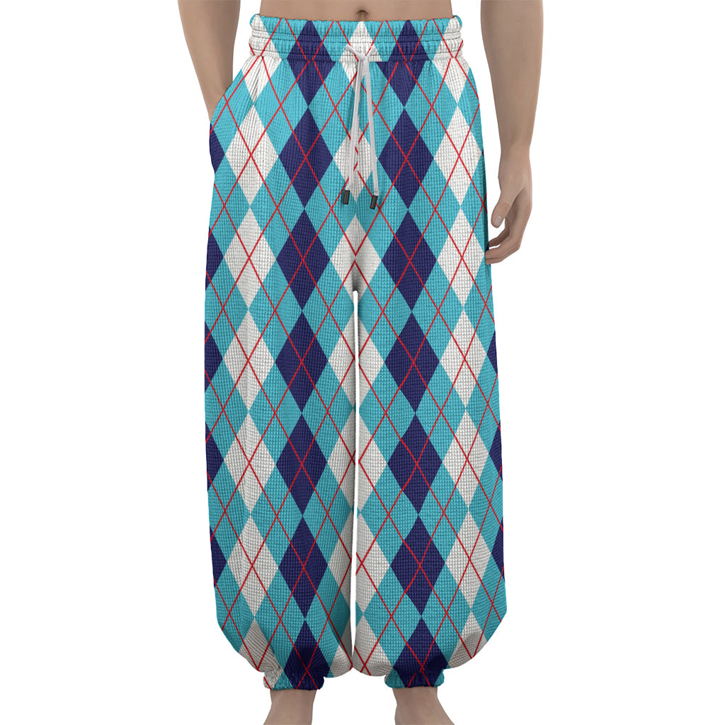 White And Blue Argyle Pattern Print Lantern Pants