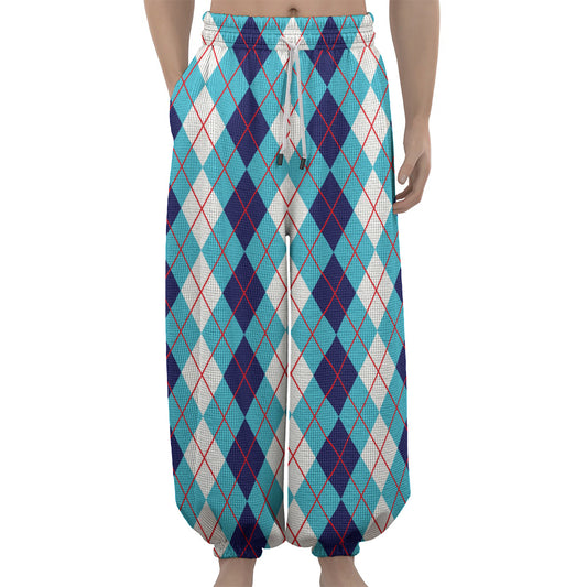 White And Blue Argyle Pattern Print Lantern Pants