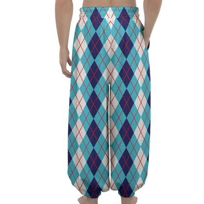 White And Blue Argyle Pattern Print Lantern Pants