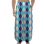 White And Blue Argyle Pattern Print Lantern Pants