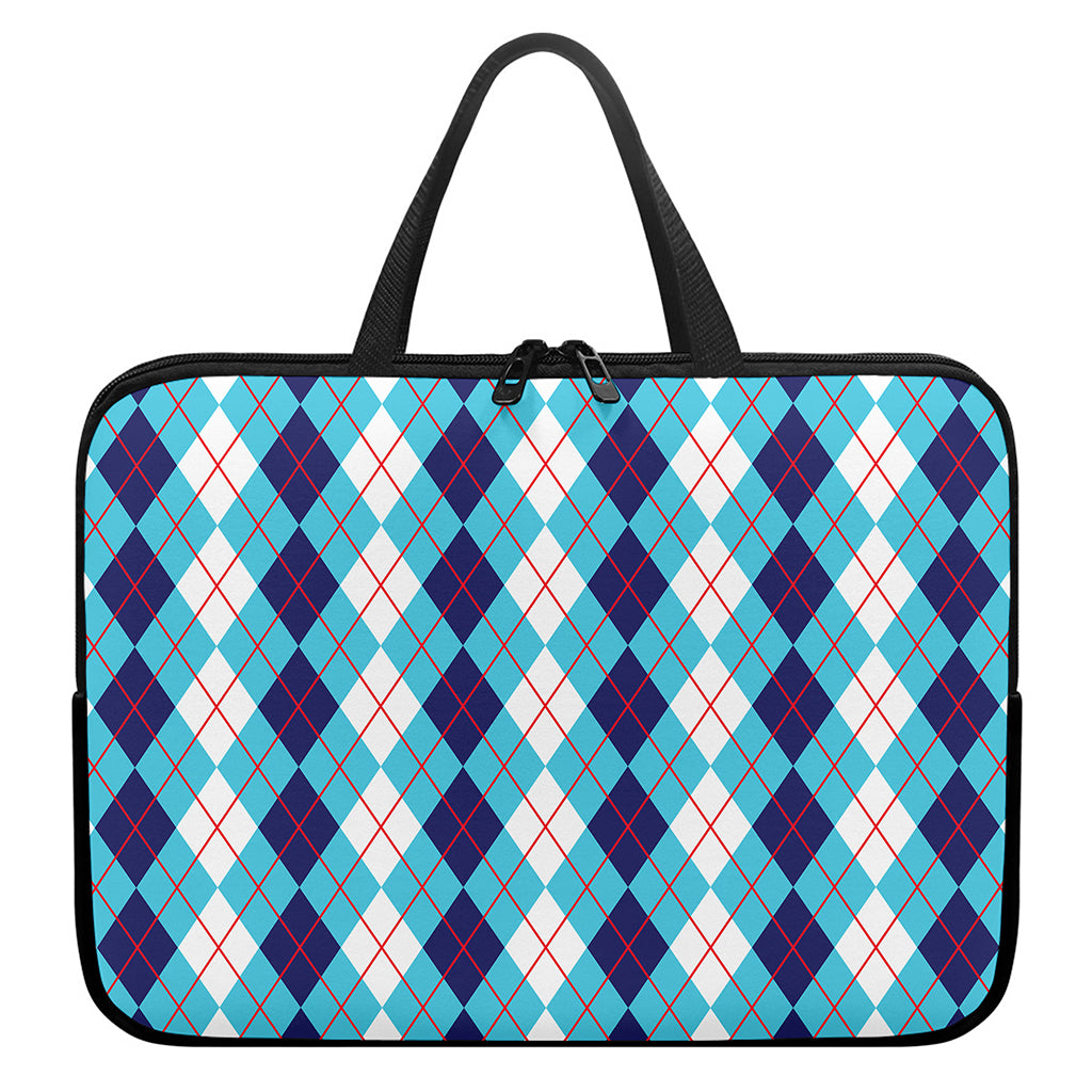 White And Blue Argyle Pattern Print Laptop Sleeve With Handle