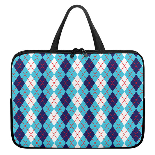 White And Blue Argyle Pattern Print Laptop Sleeve With Handle