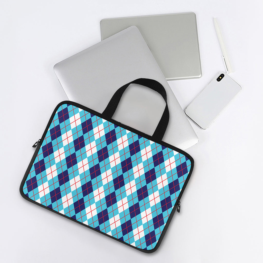 White And Blue Argyle Pattern Print Laptop Sleeve With Handle