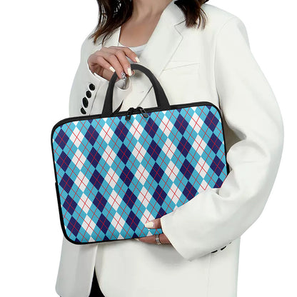 White And Blue Argyle Pattern Print Laptop Sleeve With Handle