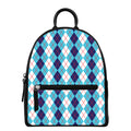 White And Blue Argyle Pattern Print Leather Backpack