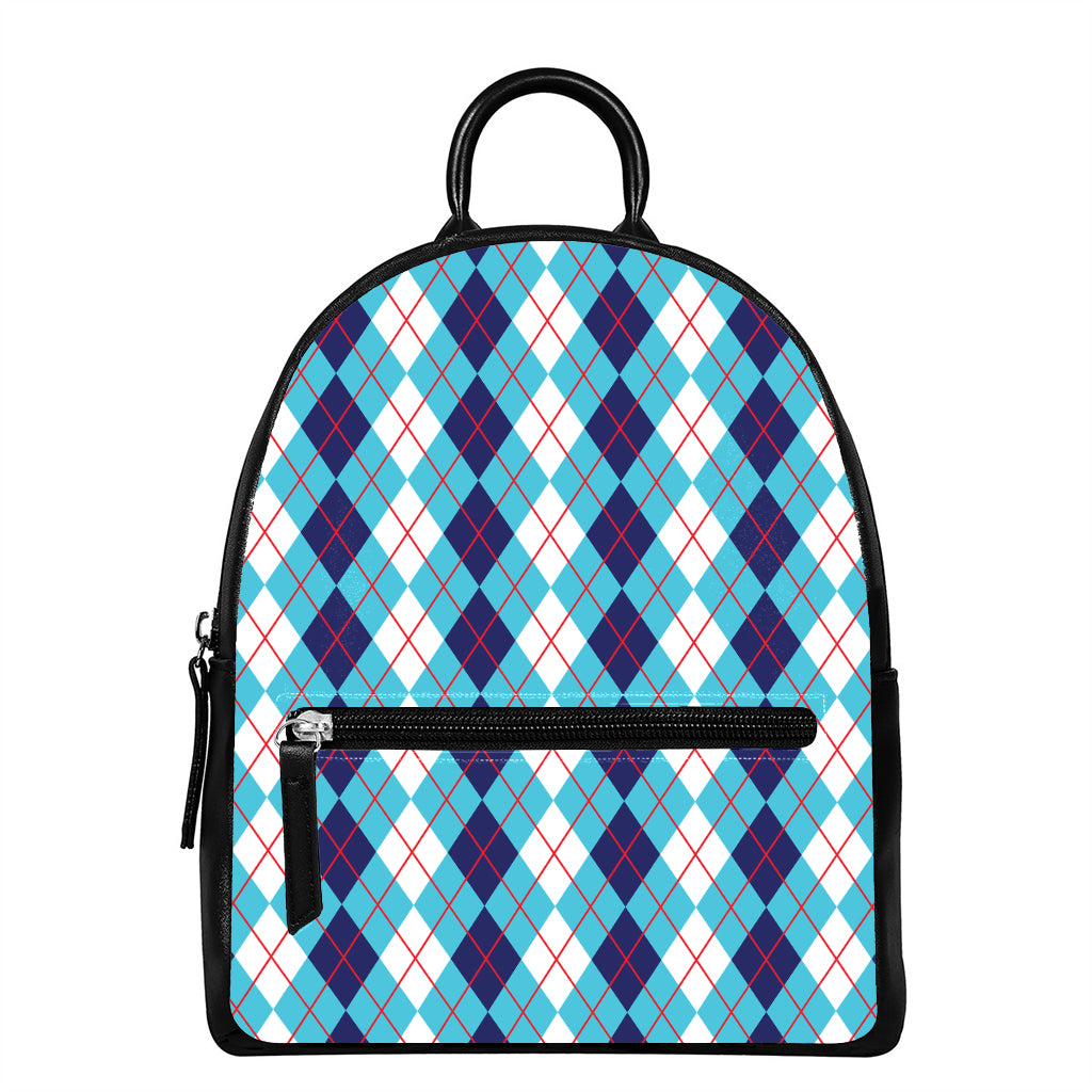 White And Blue Argyle Pattern Print Leather Backpack