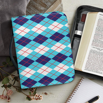 White And Blue Argyle Pattern Print Leather Bible Cover