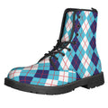 White And Blue Argyle Pattern Print Lace-Up Boots