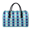 White And Blue Argyle Pattern Print Leather Duffel Bag