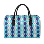 White And Blue Argyle Pattern Print Leather Duffle Bag