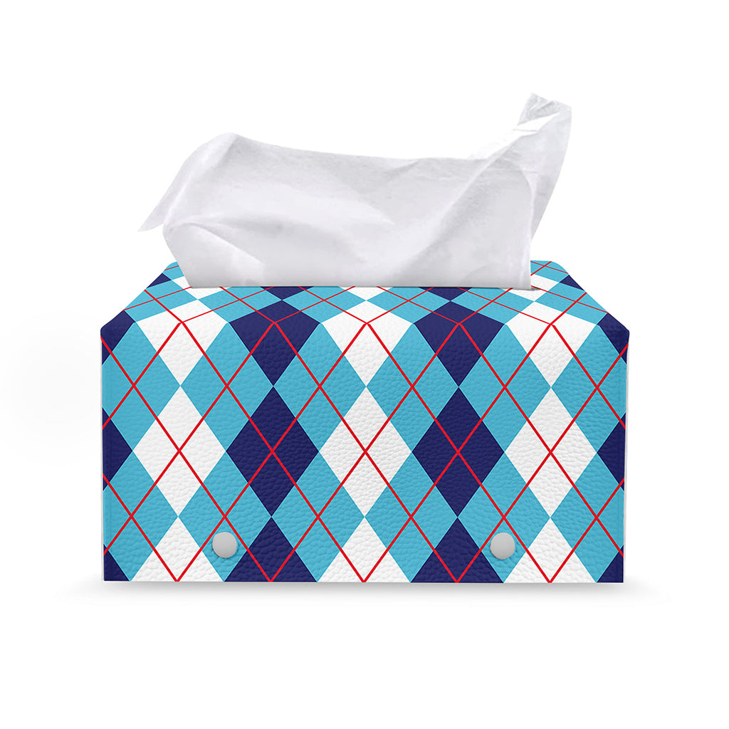 White And Blue Argyle Pattern Print Leather Tissue Box Cover