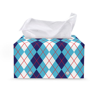 White And Blue Argyle Pattern Print Leather Tissue Box Cover