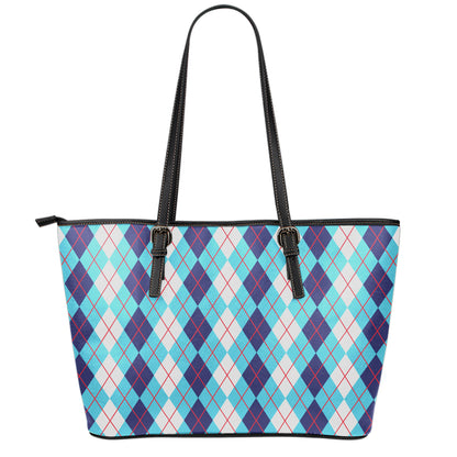 White And Blue Argyle Pattern Print Leather Tote Bag