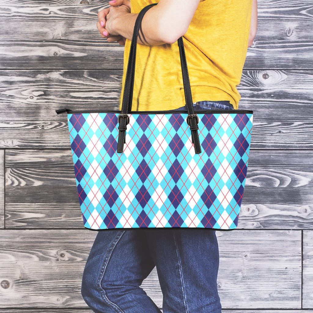 White And Blue Argyle Pattern Print Leather Tote Bag