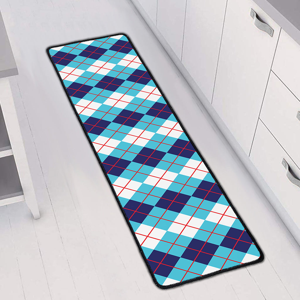 White And Blue Argyle Pattern Print Long Kitchen Mat