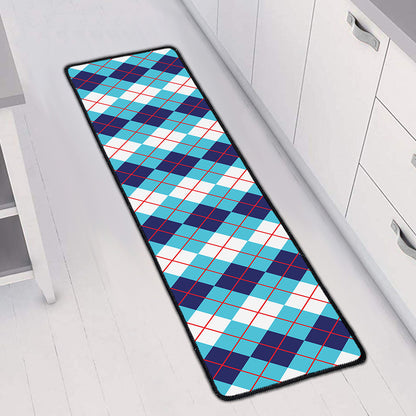 White And Blue Argyle Pattern Print Long Kitchen Mat