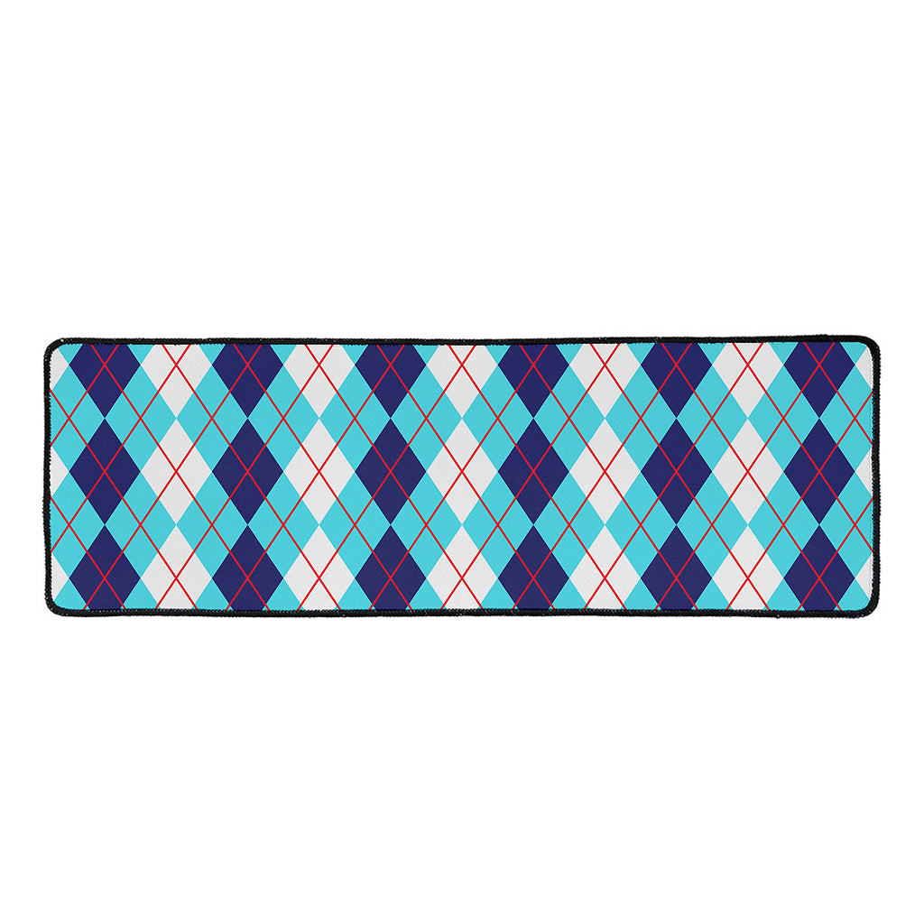 White And Blue Argyle Pattern Print Long Kitchen Mat