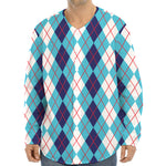 White And Blue Argyle Pattern Print Long Sleeve Baseball Jersey