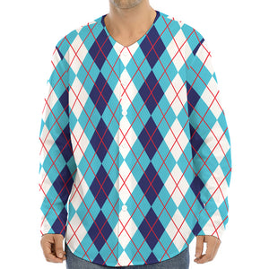 White And Blue Argyle Pattern Print Long Sleeve Baseball Jersey