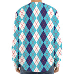 White And Blue Argyle Pattern Print Long Sleeve Baseball Jersey