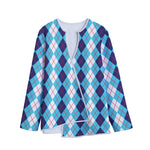 White And Blue Argyle Pattern Print Long Sleeve Short Coat