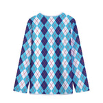 White And Blue Argyle Pattern Print Long Sleeve Short Coat
