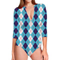 White And Blue Argyle Pattern Print Long Sleeve Swimsuit
