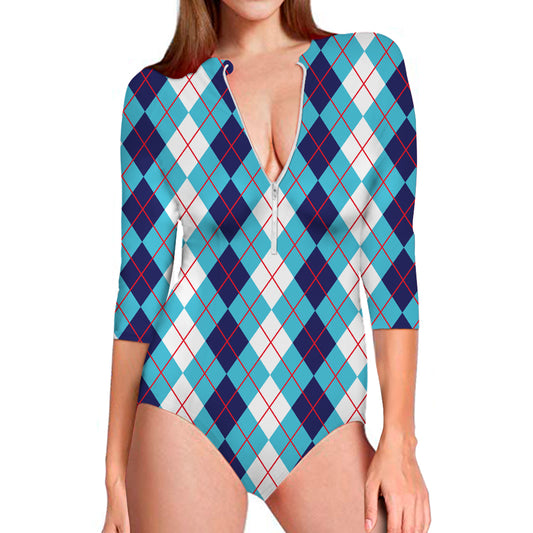 White And Blue Argyle Pattern Print Long Sleeve Swimsuit