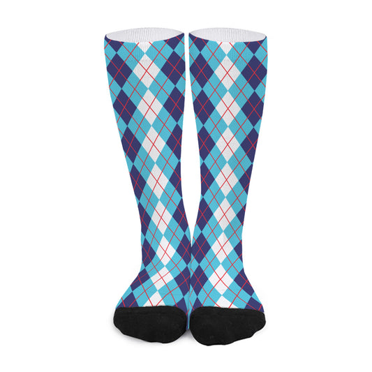 White And Blue Argyle Pattern Print Long Socks