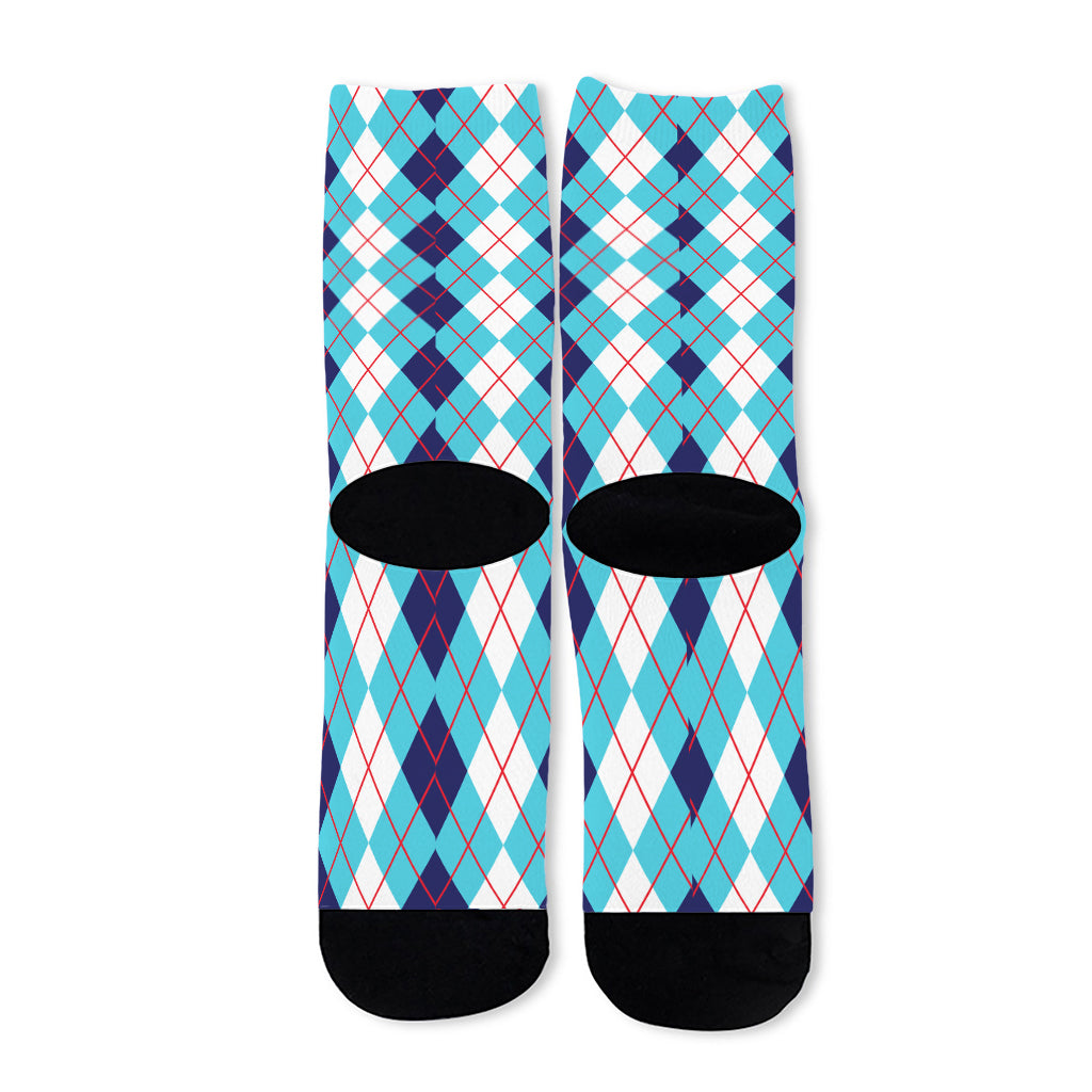 White And Blue Argyle Pattern Print Long Socks