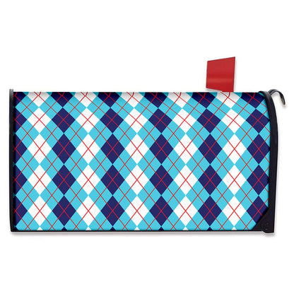 White And Blue Argyle Pattern Print Mailbox Cover