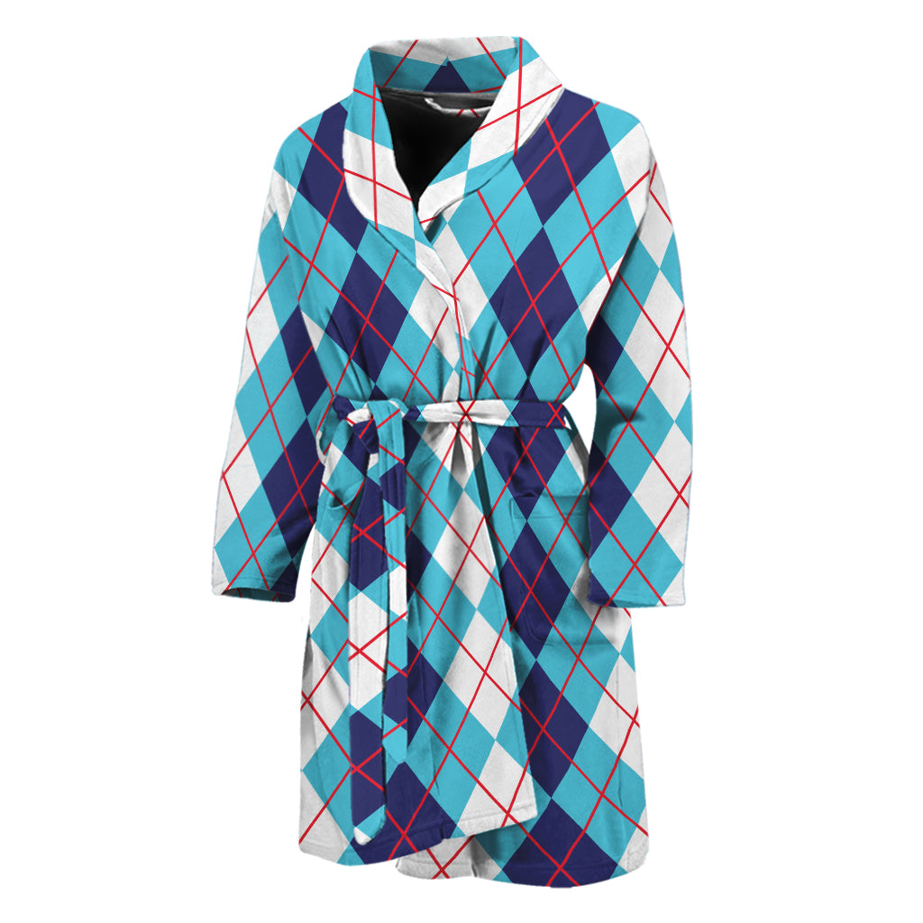 White And Blue Argyle Pattern Print Men's Bathrobe