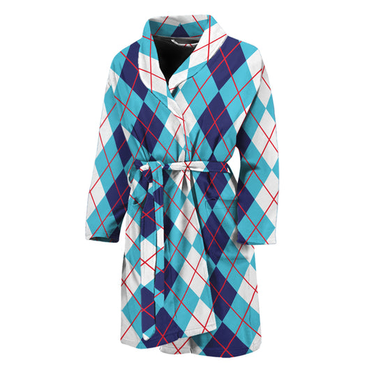 White And Blue Argyle Pattern Print Men's Bathrobe