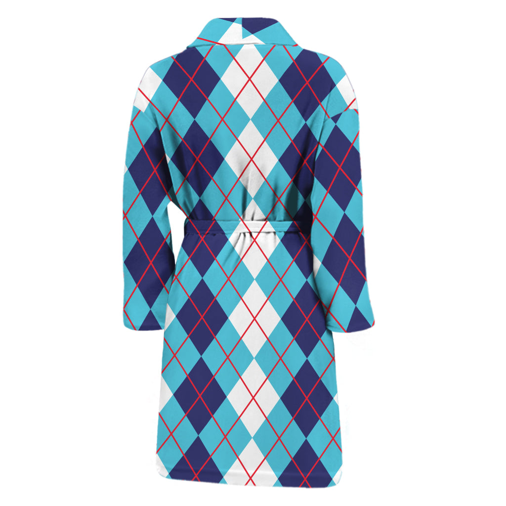 White And Blue Argyle Pattern Print Men's Bathrobe