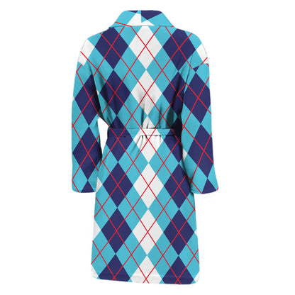 White And Blue Argyle Pattern Print Men's Bathrobe